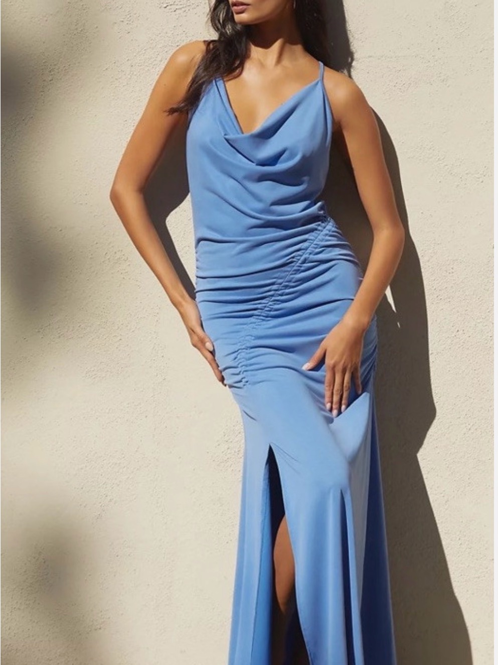By Anthropologie Blue Cowl Neck Ruched Slit Maxi Dress - Large Nwot
